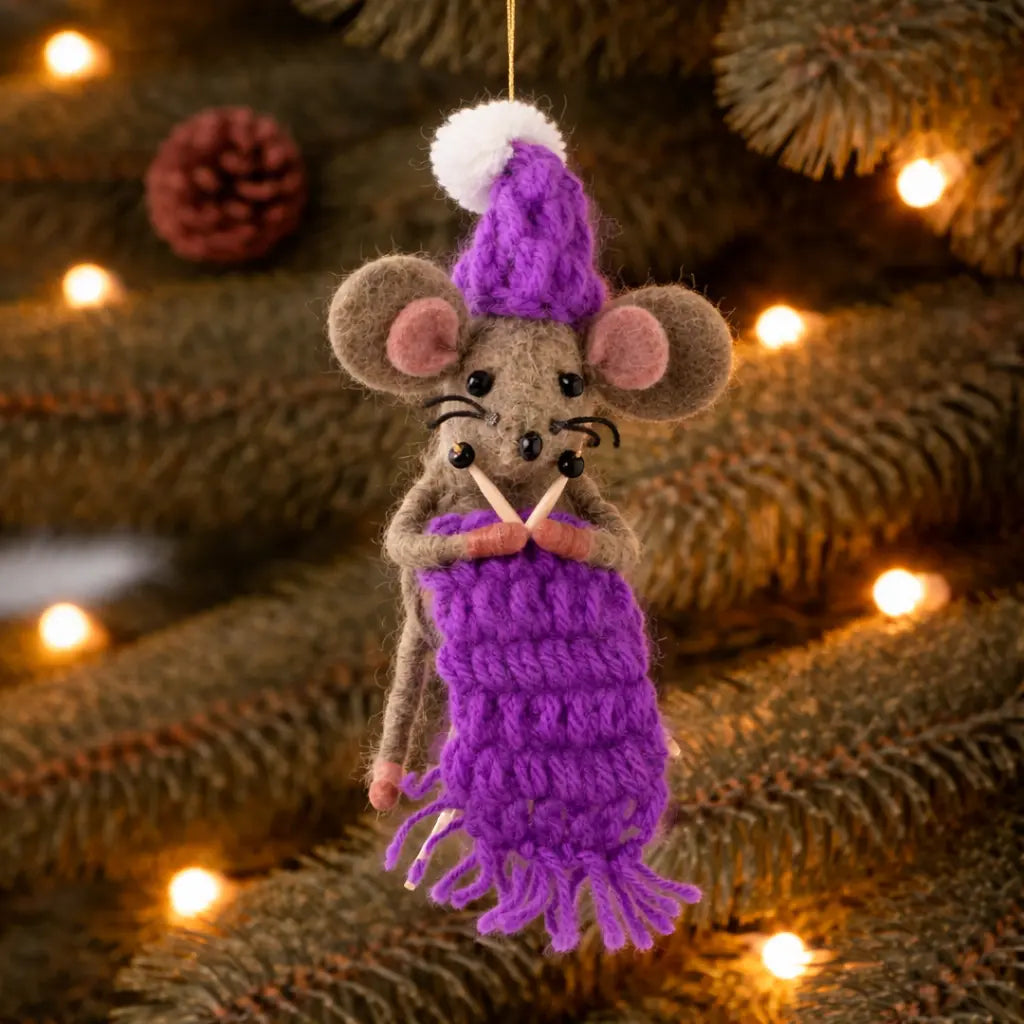 Purple Knitting Mouse Decoration